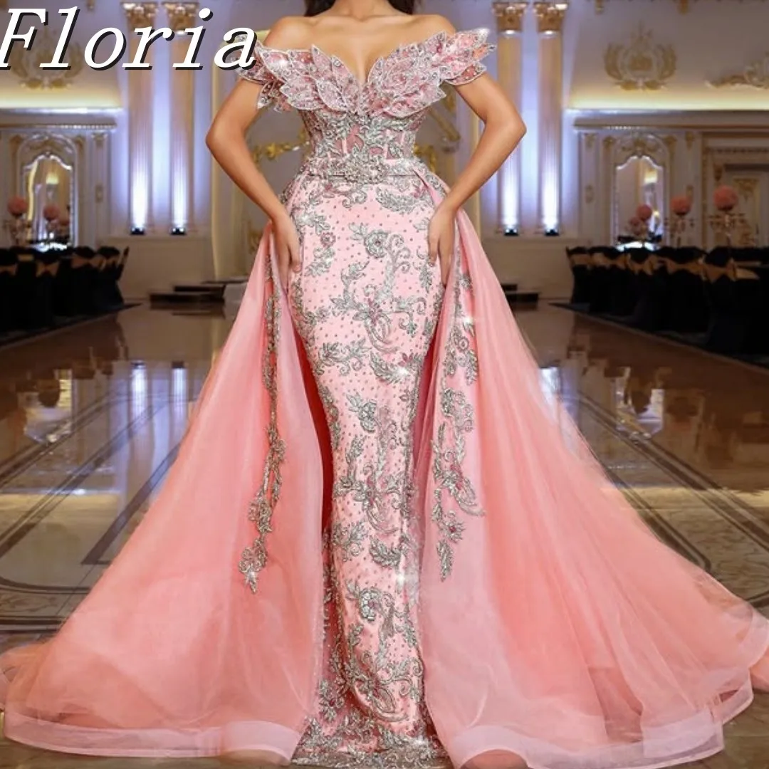 

Customized Pink Beaded Mermaid Prom Dresses Appliques Formal Evening Party Gowns Sleeveless Detchable Train Vestidos de gala