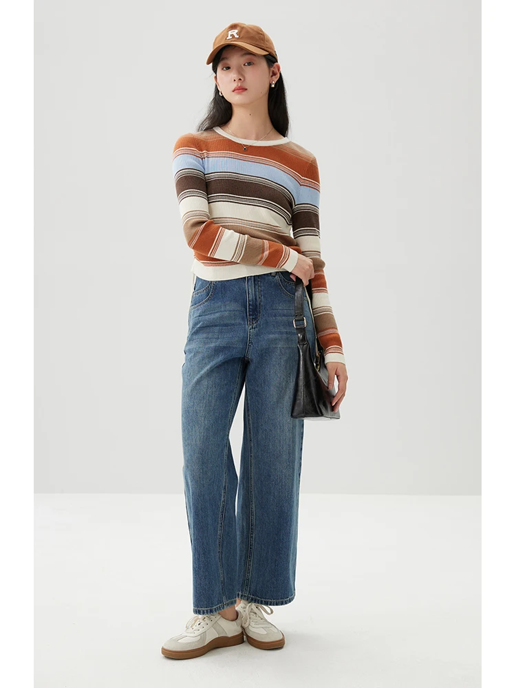 ZIQIAO Contrasting Color Design Women Casual 4.4% Wool Pullover Sweaters 2024 Spring New Long Sleeve Stripe Tops 24ZQ91169