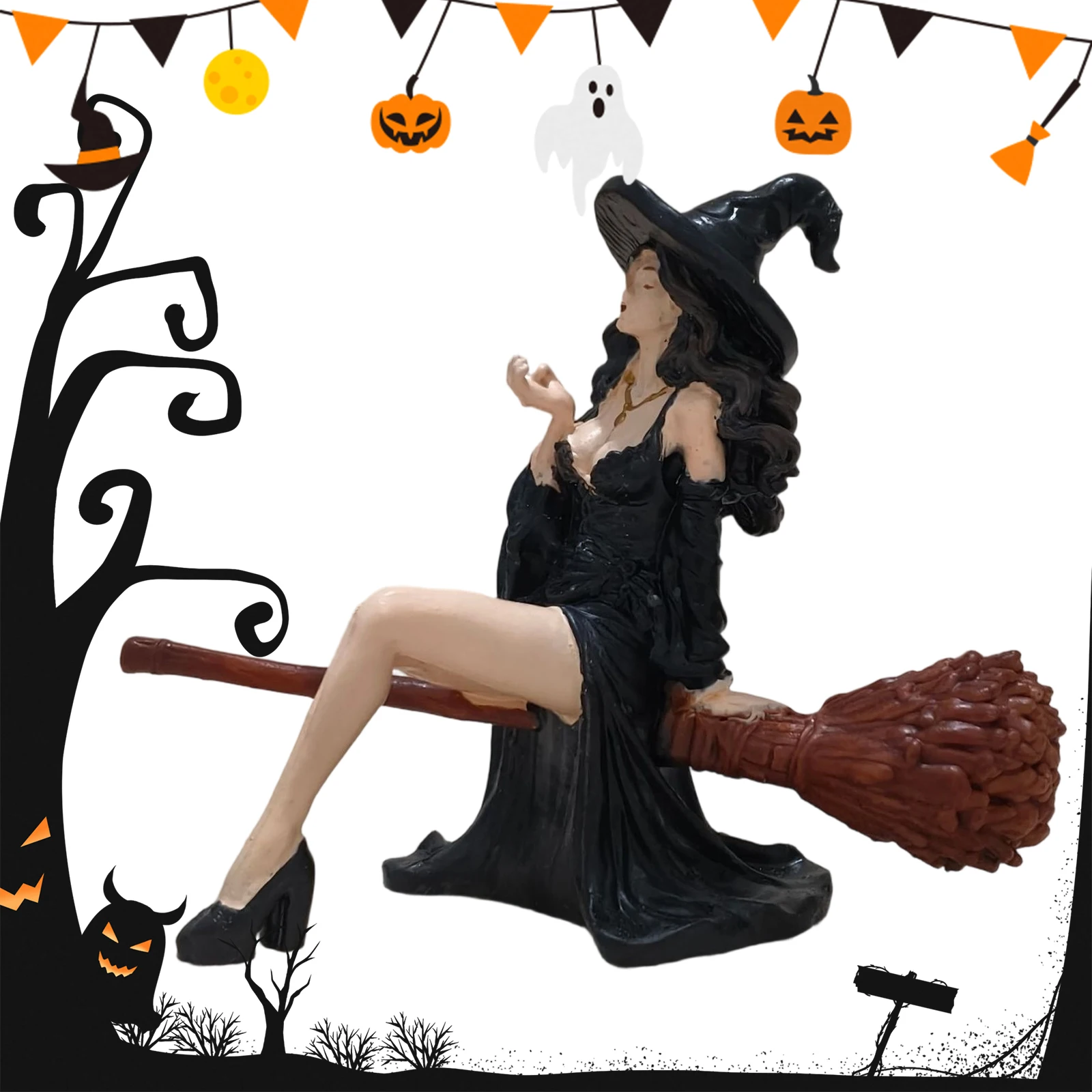 Gothic Witch Broom Incense Burner Resin Ornament Halloween Dark Home Decor Figurine Gift