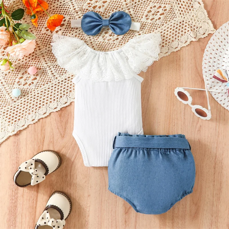 

Baby Girl Summer Rompers Set Lace Ribbed Sleeveless Jumpsuit and Casual Ruffled Shorts Headband