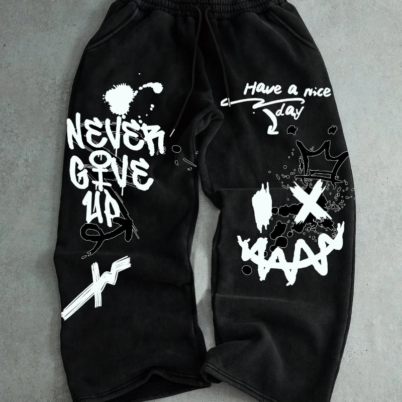 

Мужские прямые брюки в стиле граффити, размеры S-XXL, с завязками на талии, повседневные брюки с уникальными принтами, например, с надписью NEVER GIVE UP.