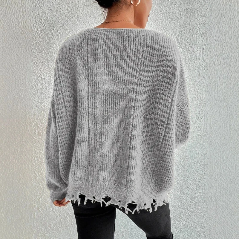 

Fall/Winter 2025 Solid Color Round Neck Design with Holes and Loose Women's Knitted Sweater