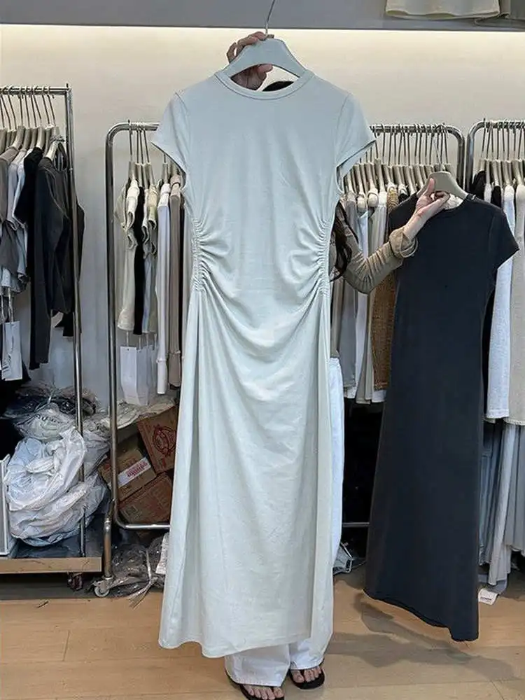 Grande taille 300 Pou été minceur plissé Anti-âge T-shirt femmes Midi Dr décontracté coréen Sle coupe ample rond Ne S...