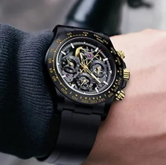 

CRONUSART Men Chronograph Watch 42mm Automatic Mechanical Wristwatch Waterproof Luminous Sapphire Mirror Skeleton Dial FKM Strap
