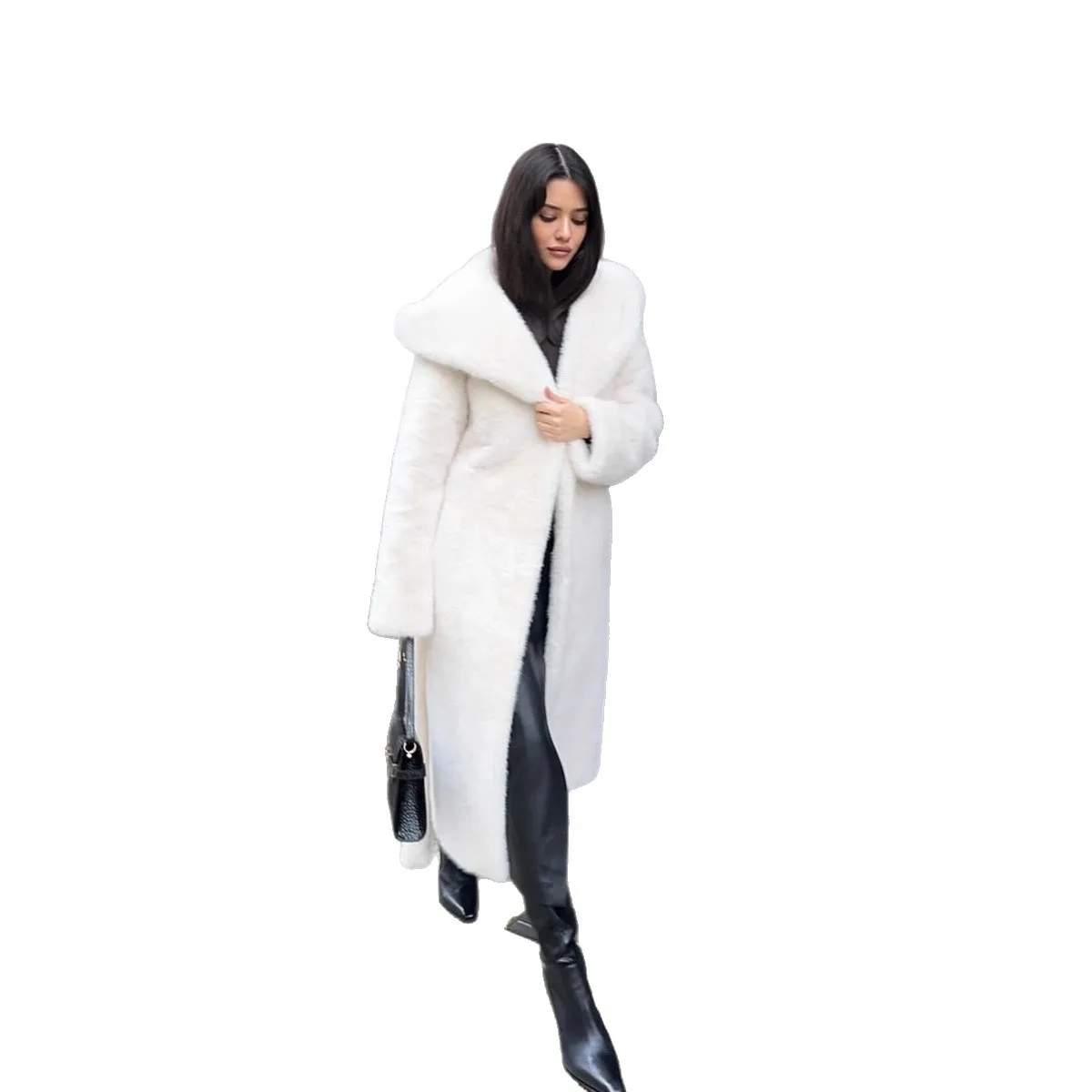 Cross-border mink fur imitation fur coat extended faux fur coat hooded belt plush clothes
