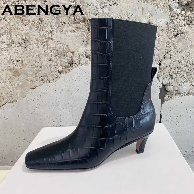 

New Genuine Leather Ankle Boots For Women Square Toe High Heel Chelsea Boots Winter Party Shoes Short Boots Woman