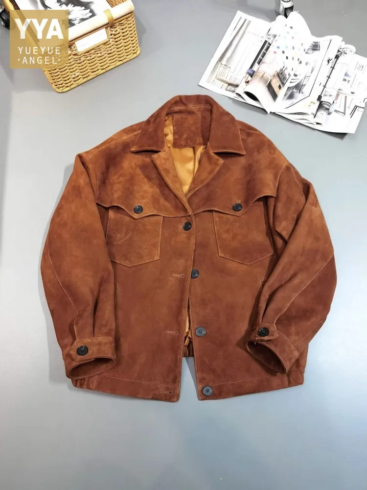 Jaket kulit domba asli wanita, jaket kulit asli Suede longgar kerah sebaris, mantel kasual Vintage musim semi musim gugur