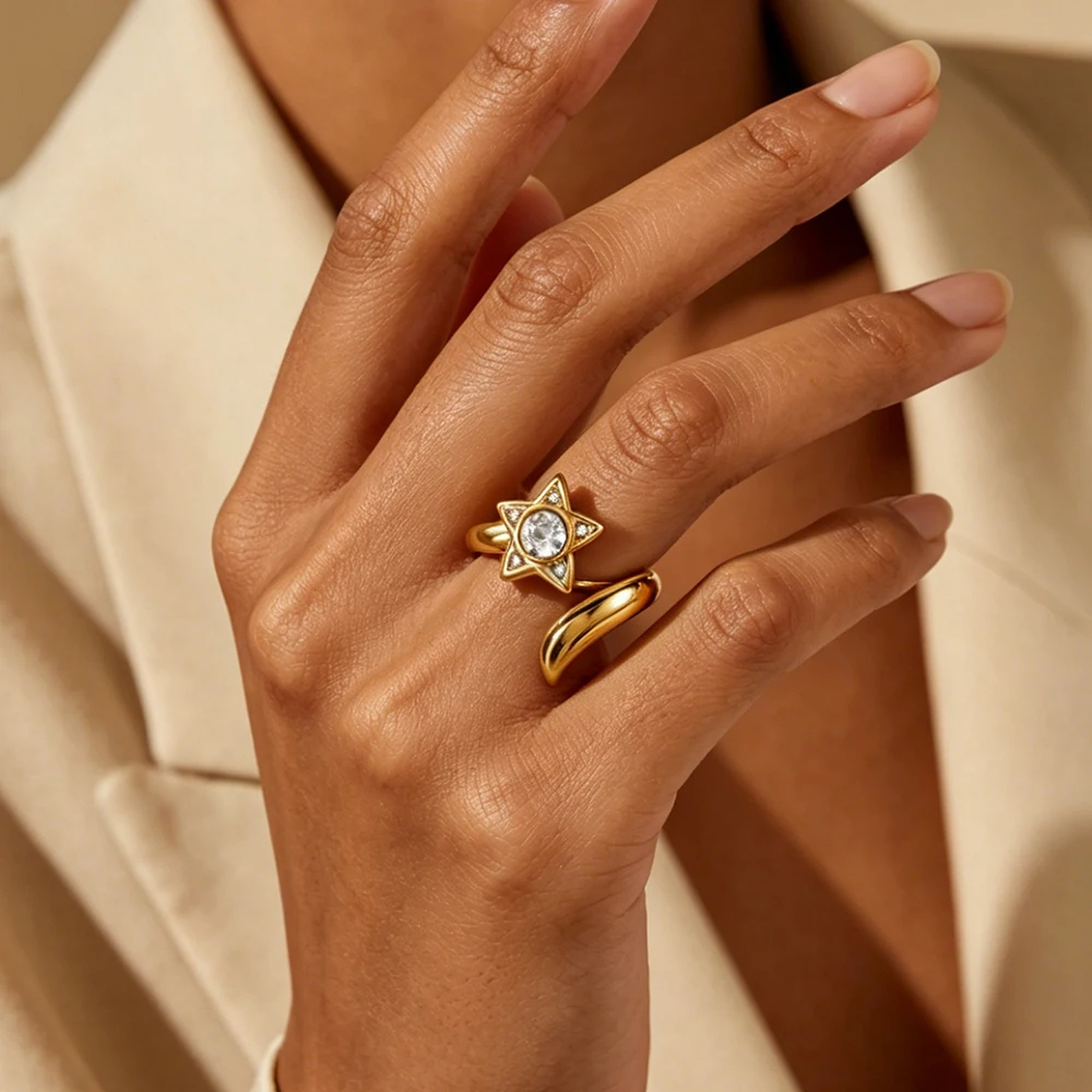 Zierliche Zirkon-Sternringe für Frauen, goldfarben, Edelstahl, geometrischer Sternring, Hochzeitsschmuck, Geburtstagsgeschenk, Alltagskleidung