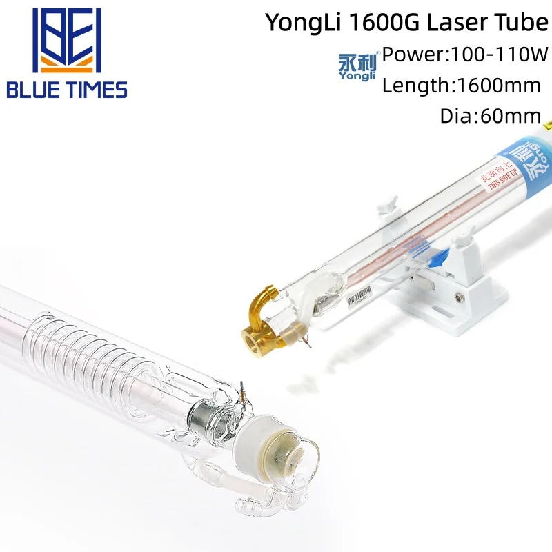 Bluetimes 100-110W CO2 Laser Tube YongLi Length 1600mm Dia.60mm Upgraded Metal Head Glass Pipe for CO2 Laser Machine