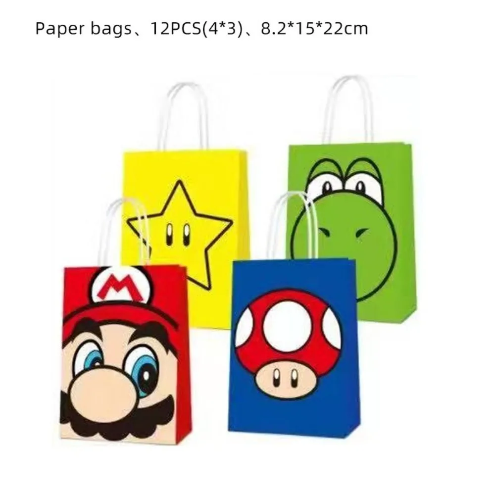 Supers Marios Bros 12Pcs/set Kraft Paper Bag Luigi Yoshi Peach Wedding Handbag Birthday Christmas Party Packing Paper Bag