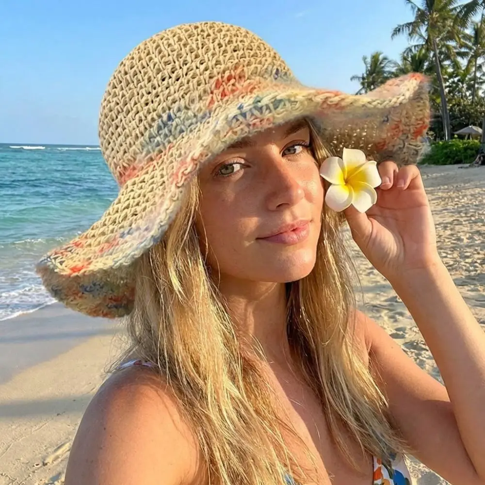 

Casual Colorful Wide Brim Straw Hat Boho Breathable Weave Bucket Hat Foldable Lightweight Beach Hat Summer