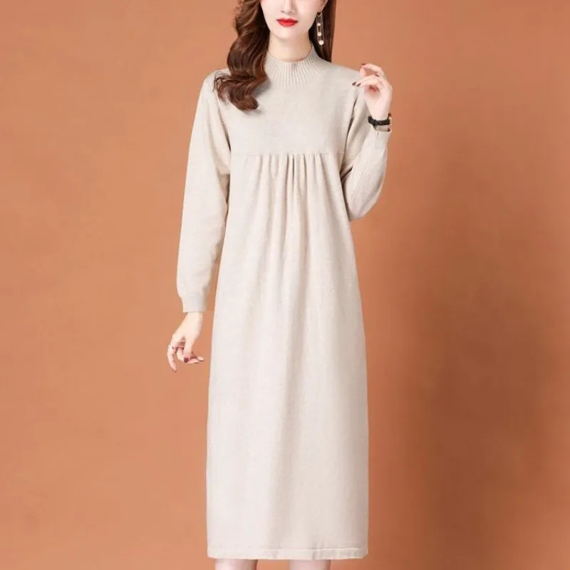 Vestido de malha feminino primavera outono novo estilo high-end camisola vestido outono casaco de malha saia de camadas internas