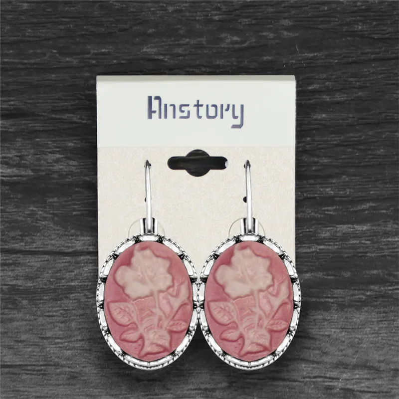Vintage Look Oval Pink Flower Cameo Earrings For Women Antique Silver Plated Plant Bead Cuff Hook Fashion Jewelry 18x25mm