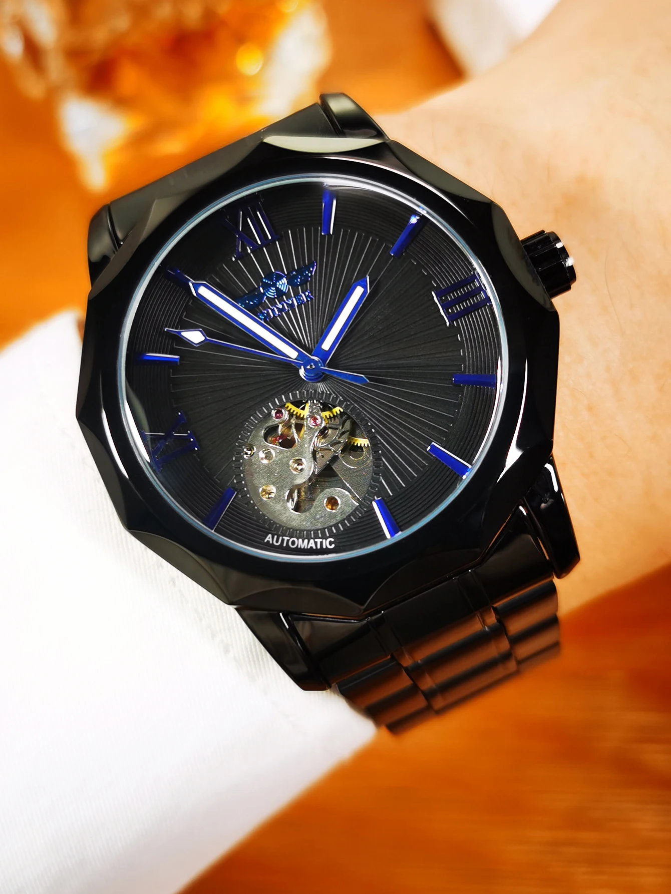 Winner Classic Skeleton Mens Mechanical Watches Blue Luminous Pointers Top Brand Luxury Automatic Watch Leather Steel Band Clock