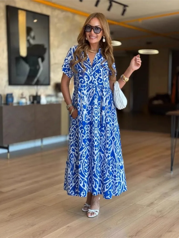 

Retro Printed Party Dress Women's Sexy V-neck Summer Short Sleeved New Dress Printed Pocket Casual Loose Dress