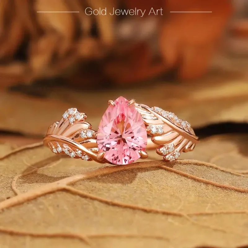 

2025 Leaf Wedding Ring Women's Fashion Temperament Oval Pink Daily Matching