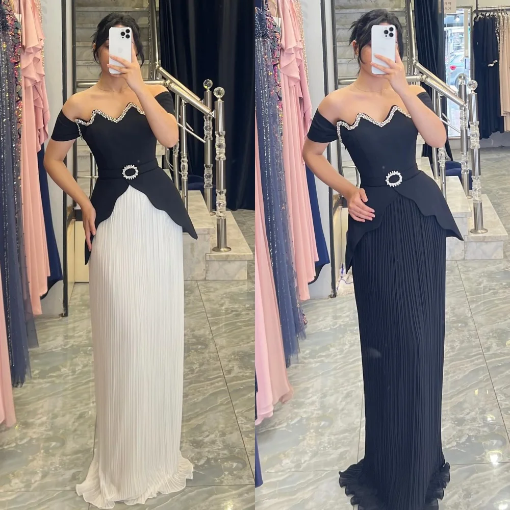

Customized Modern Style Fashion Jersey Rhinestone Pleat Straight Off-the-shoulder Long Dresses Bespoke Occasion Dresses Matching
