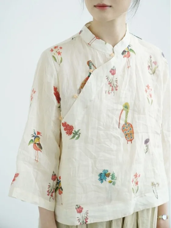 

New Chinese Sle Women's Cotton Linen irt Stand Collar Wide Sve Printed Top Tea Service Loose Fit Faionable Summer irt