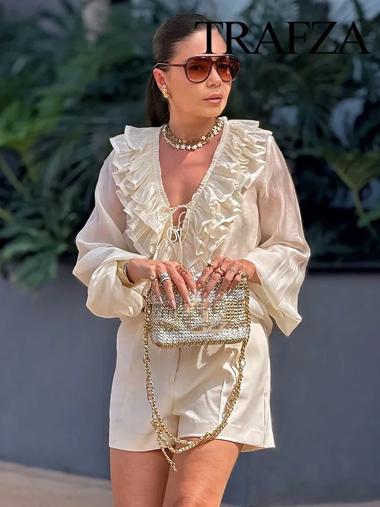 

TRAFZA женские элегантные повседневные рубашки однотонные с v-образным вырезом-фонариками с длинными рукавами многоуровневые украшения топ на шнуровке женские модные блузки рубашки