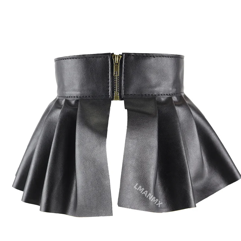 Women PU Leather Belt Skirt Pleated Skirts Wide Belts Elastic Wide Waistband Classic Stretch Pleated Skirt Garters