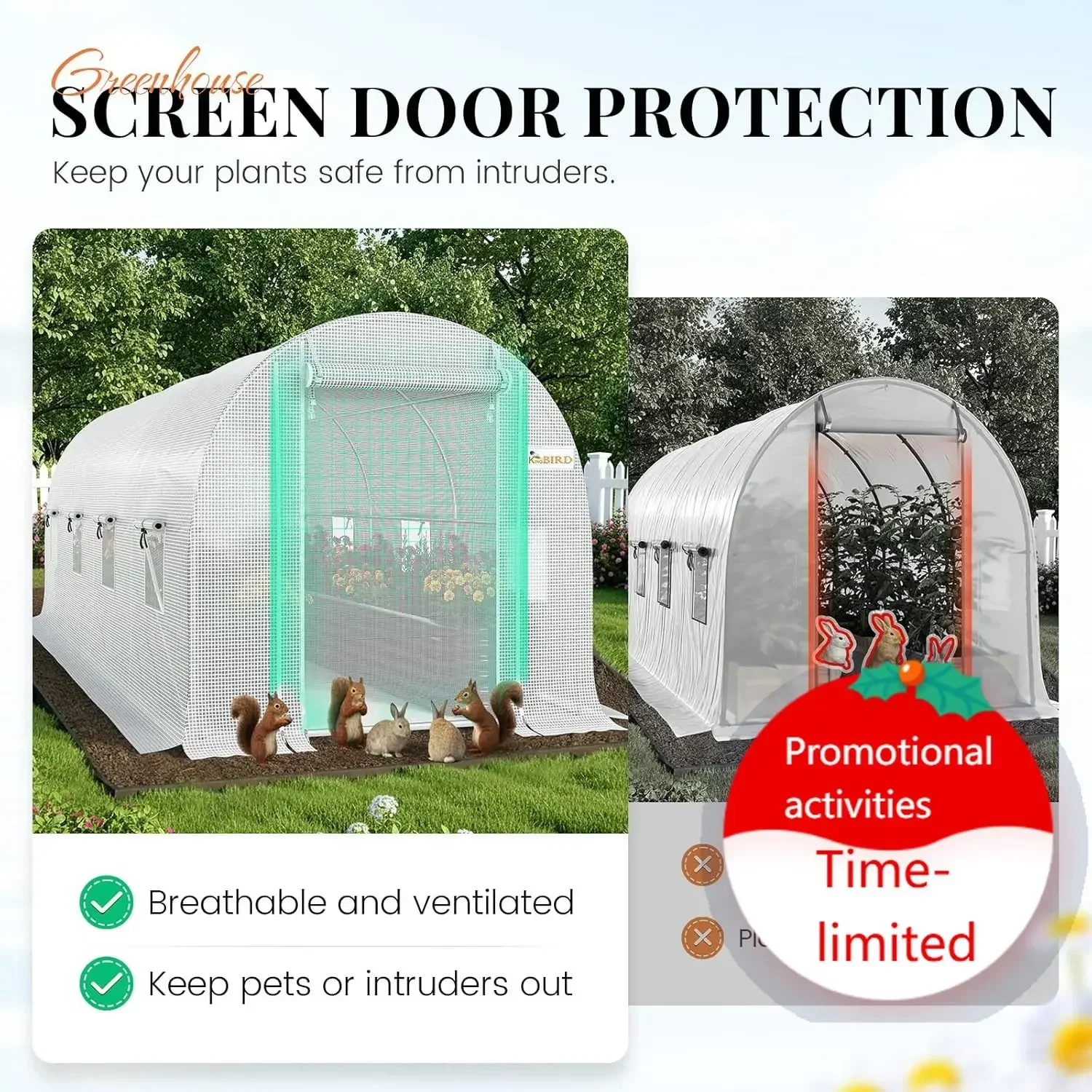 

Premium 15x7x7FT Greenhouse for Outdoors, Walk-in Galvanized Steel Frame, Screen Mesh Door Window Plastic Cover, Upgraded Zipper