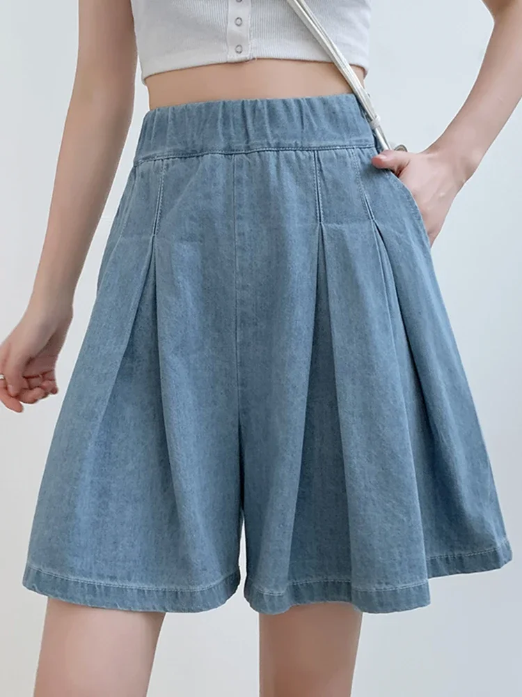 

S-5XL 2024 Summer Korean Fashion Blue Mini Denim Pleated Shorts Skirt Women High Waist A Line Short Pants Jeans Female Z175