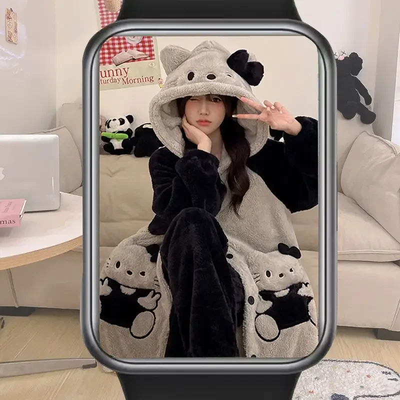 Kawaii Coral Velvet Hooded Pajamas Pajamas Girls\' Thickened Long Tops Pajamas Flannel Student Casual Home Wear Suits Nightgown