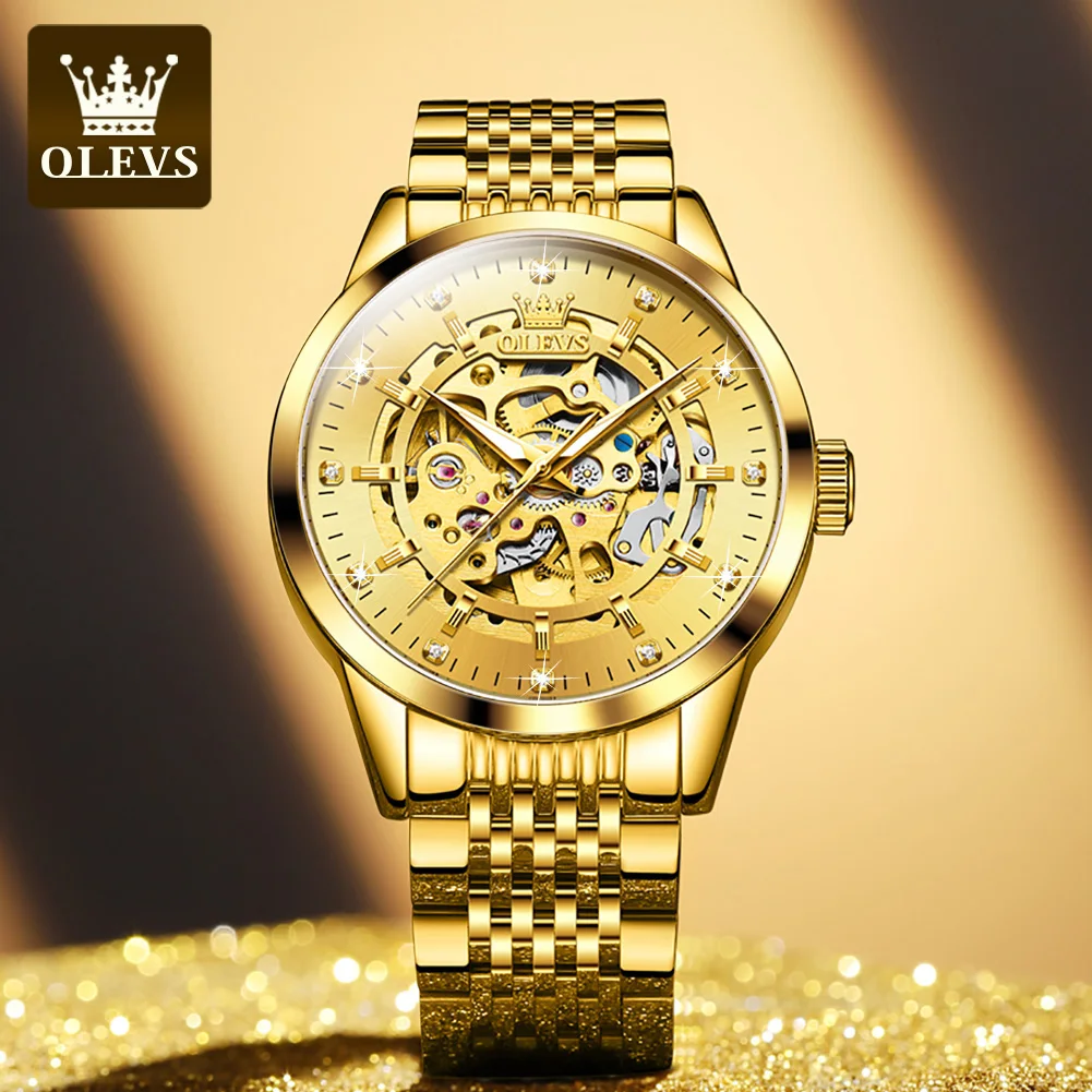 OLEVS Luxury Brand Gold Skeleton Automatic Mechanical Watch Fashion Business Stainless Steel Waterproof Luminescent Men\'s Watch