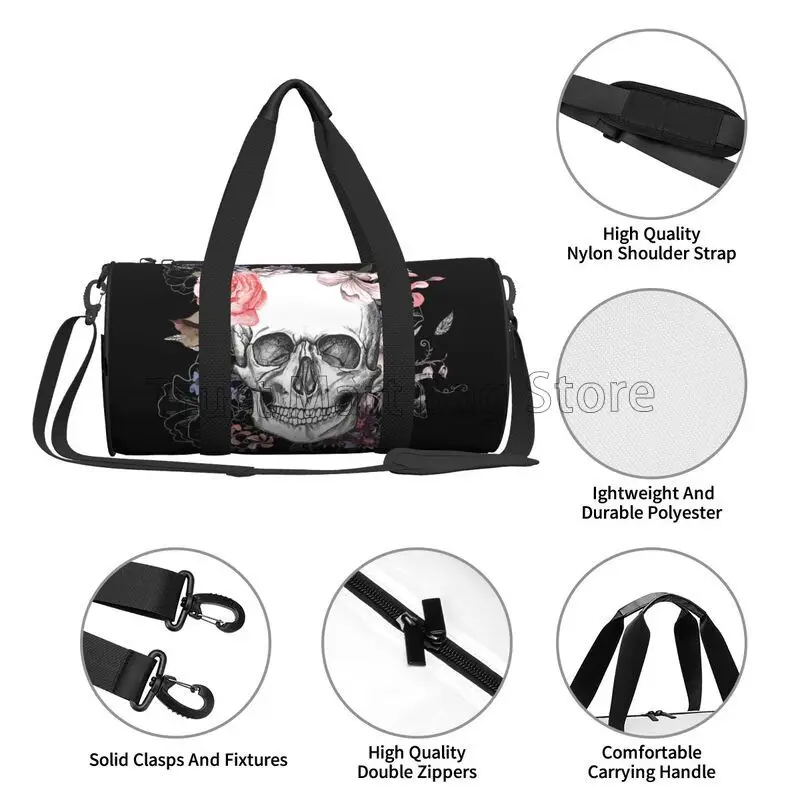 Sugar Skull Rose Flower Travel Duffel Bags Waterproof Sports Tote Gym Bag Weekender Overnight Bag Foldable Carry on Luggage Bags