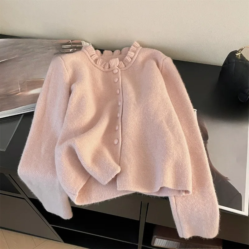 

Милые женские свитера с оборками, однотонные розовые осенне-зимние короткие кардиганы, корейская мода, простые элегантные Sueter Mujer