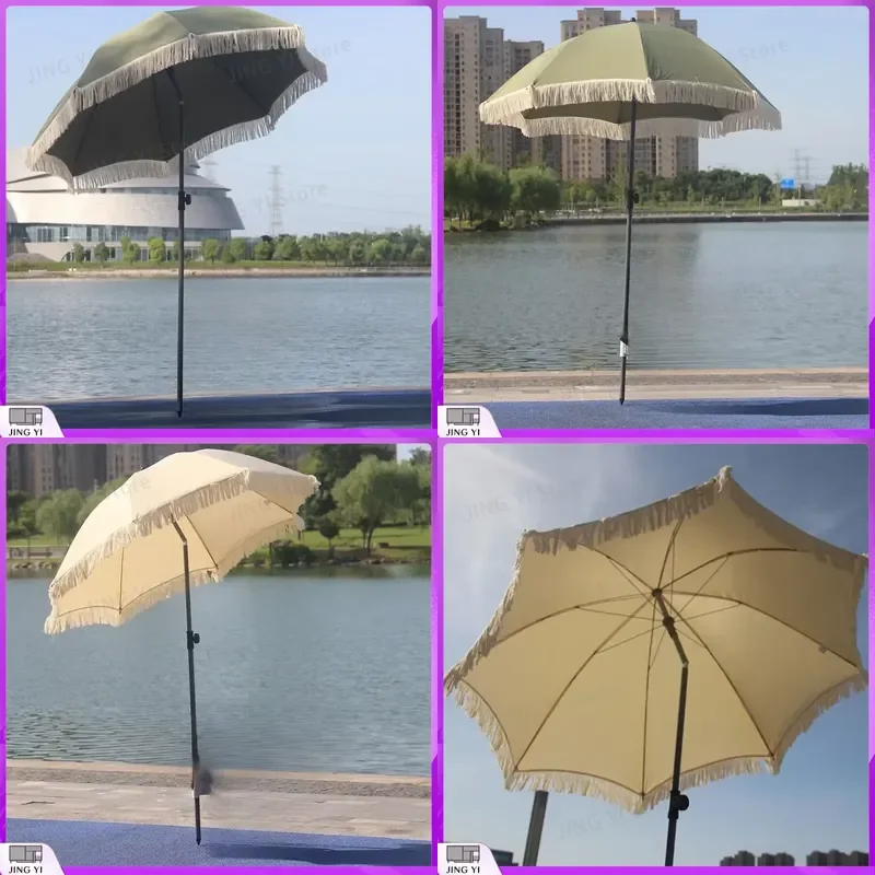 Large Foldable Outdoor Sun Umbrella for Beach Garden Backyard Camping Pool Patio UV Protection Retro Tassel Shade Umbrella