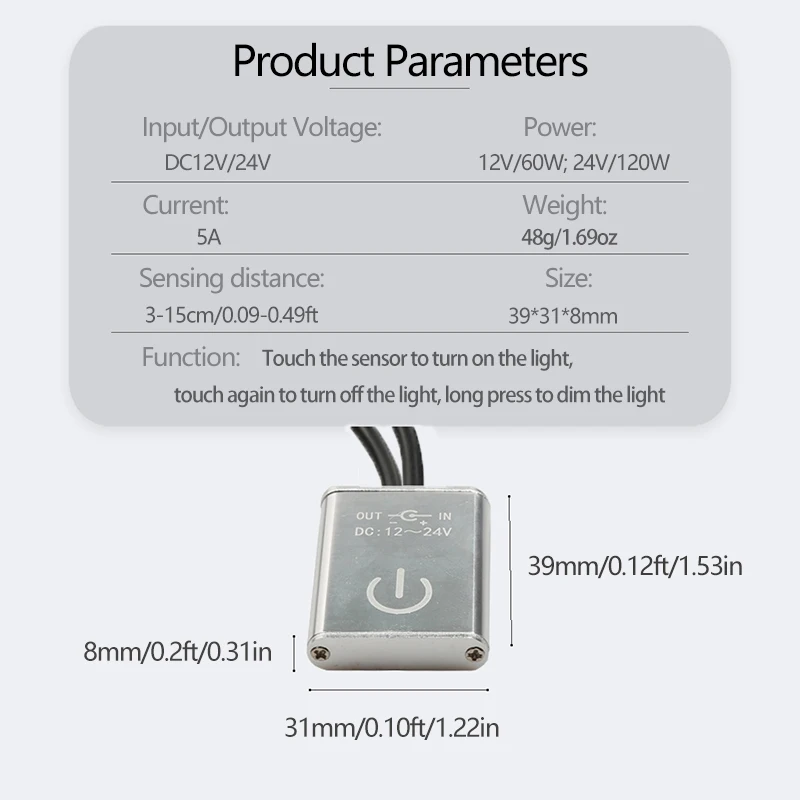 تيار مستمر 12/24 فولت 100% سطوع قابل للتعديل LED باهتة التبديل - مستشعر اللمس، متوافق مع منتجات الإضاءة LED، مفتاح خافت LED #3