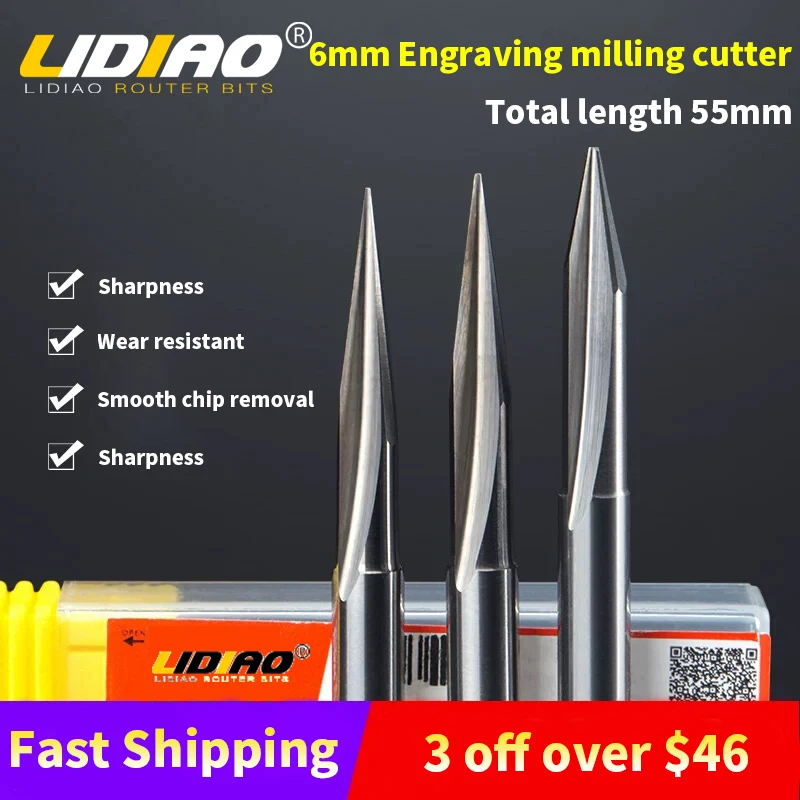 LIDIAO 6MM 3D Engraving Bit V Shape Carbide End Mill PCB CNC Router Bit For Wood 2 Flute Milling Cutter Woodworking Tools