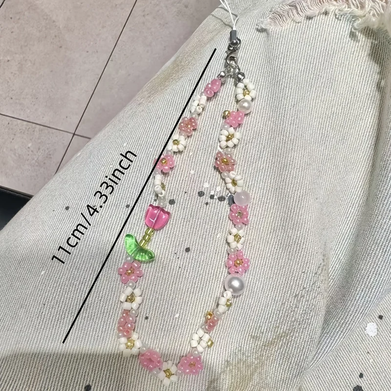 Korean Cute Pink Green Flower Beaded Phone Charms Chain For Phone Accessories Phone Strap Anti-Lost Sweet Lanyard Hanging Rope