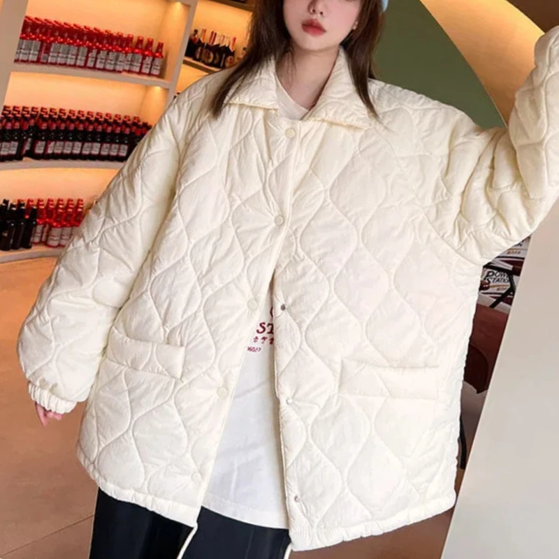 Autumn Winter Fashion Long Sleeve Turn-down Collar Solid Parkas Women\'s Clothing Button Korean Thicken Warm All-match Chic Tops