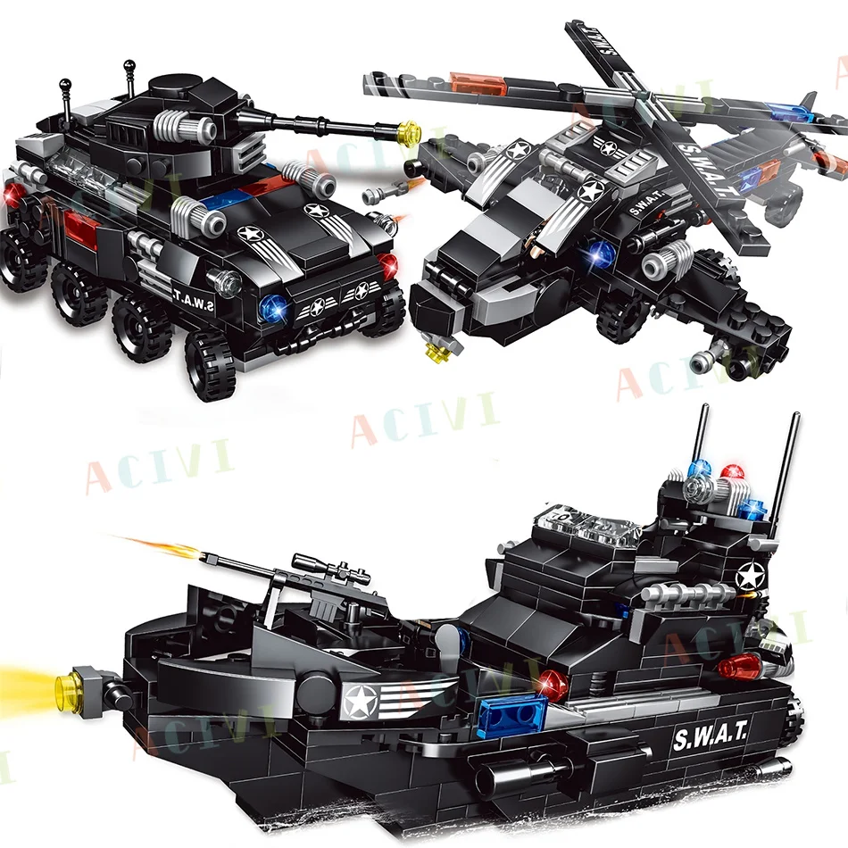 Military Tank SWAT Police Ship 8 IN 1 Building Blocks Set City Truck Brick with Policeman Construction Toys for Children Boy