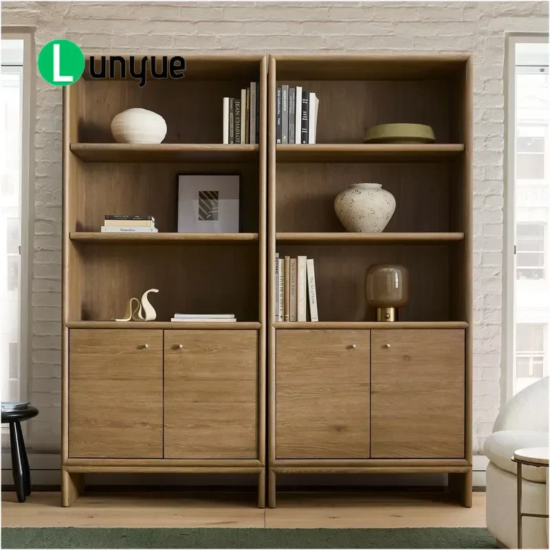 Luxury American Style Oak Solid Wood Living Room High Cabinet Bookcase Storage Shelf Home Furniture Durable Elegant Design