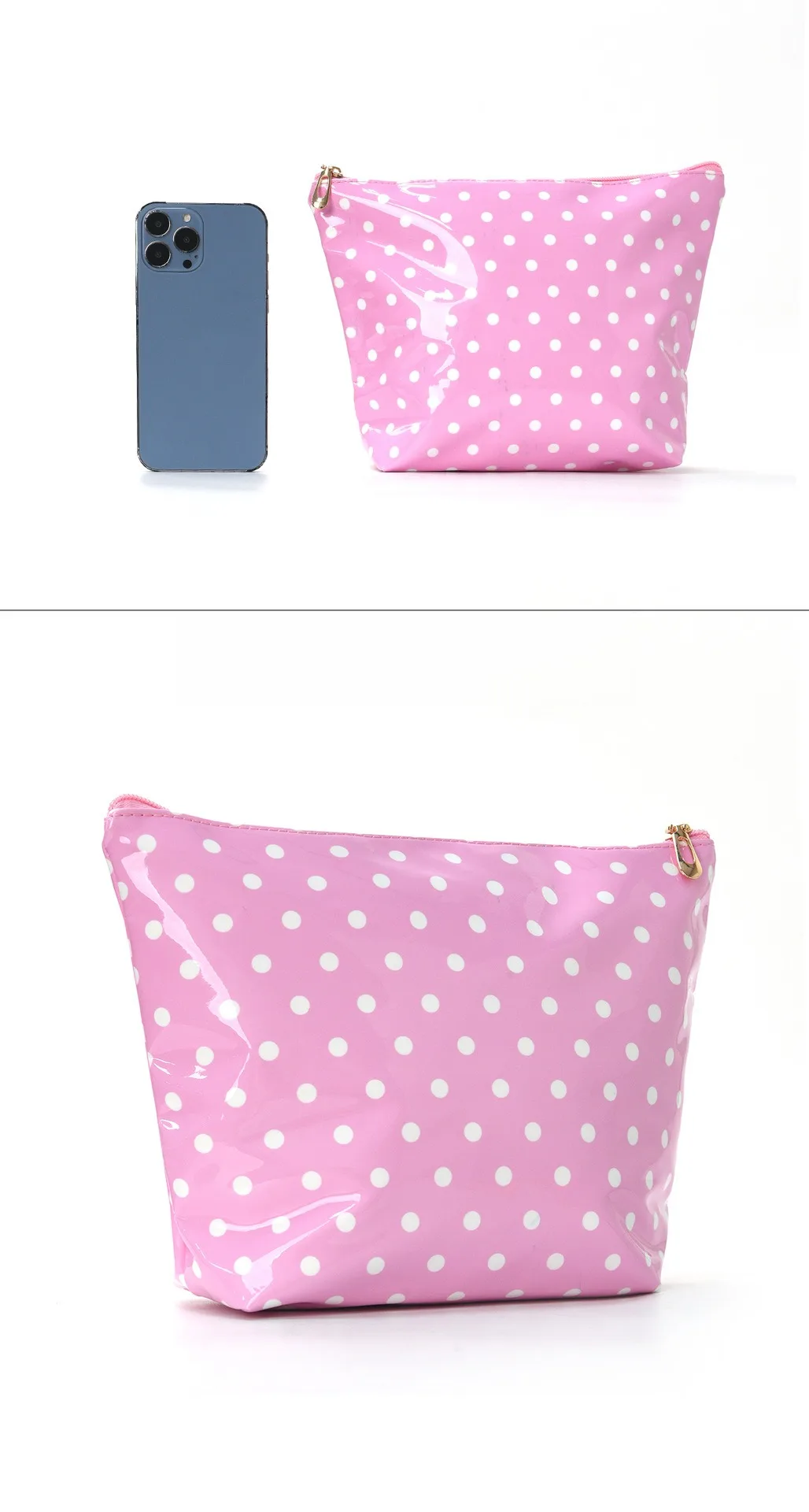 Modische, hochwertig aussehende, geräumige Aufbewahrungstasche, tragbare Handtasche für Toilettenartikel, glänzende Make-up-Tasche mit Tupfenmuster. – Detail 4