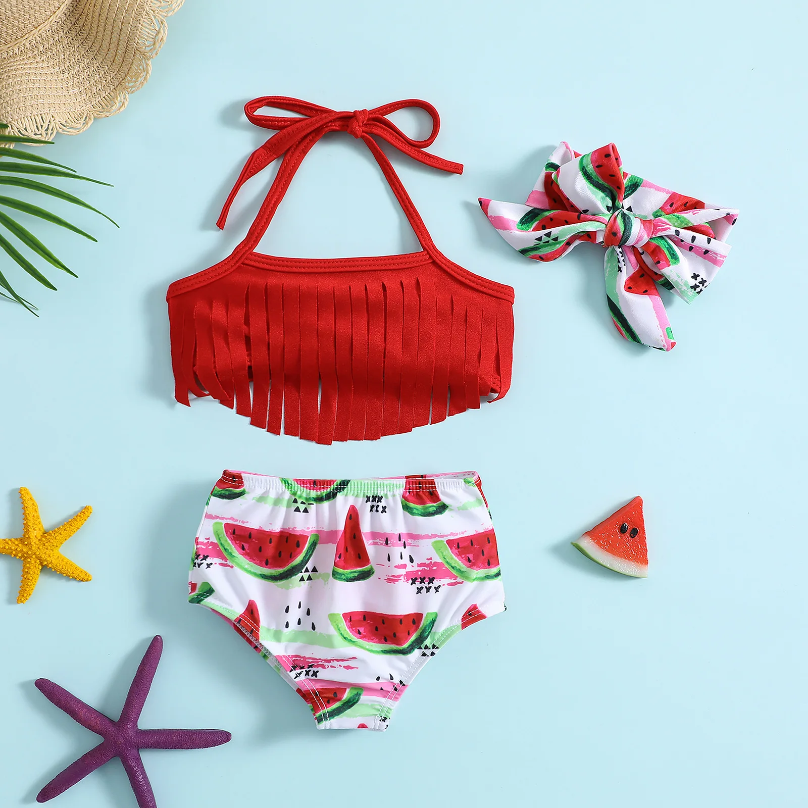 Toddler two piece swimsuit with tassel and bow decor, watermelon print for beach and pool water play