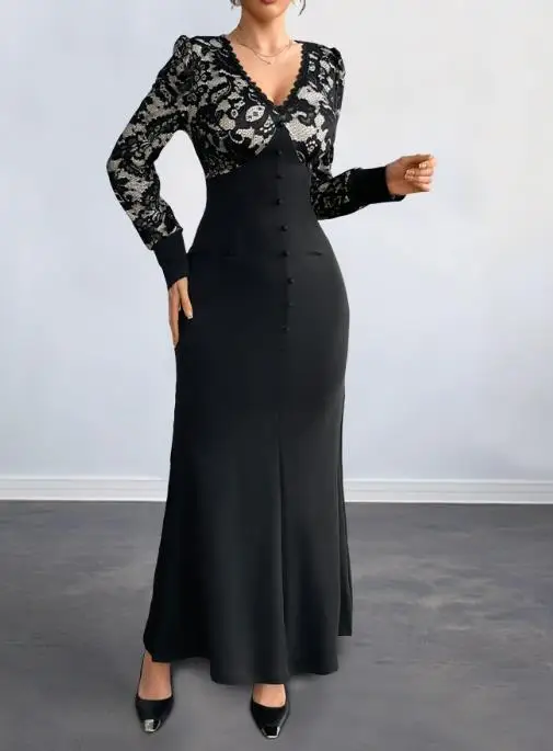 

Women's Dress 2025 New Gorgeous Socialite Style Party Date Sexy Retro Style V-Neck Lace Patchwork Long Sleeved Dress