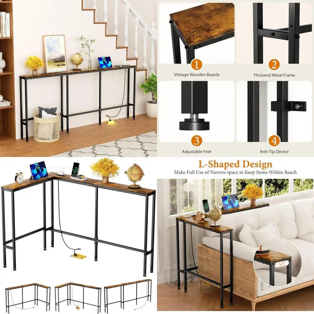 

70 Long Skinny Console Table with Outlet, Rustic Brown, 3 Assembly Options for Living Room & Hallway