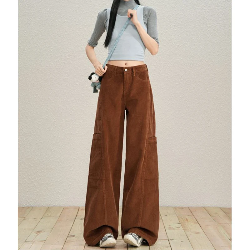 

2026 Female Straight Leg Corduroy Pants Women Korean Baggy High Waist Pants Lady Retro Casual Fashion Denim Trousers