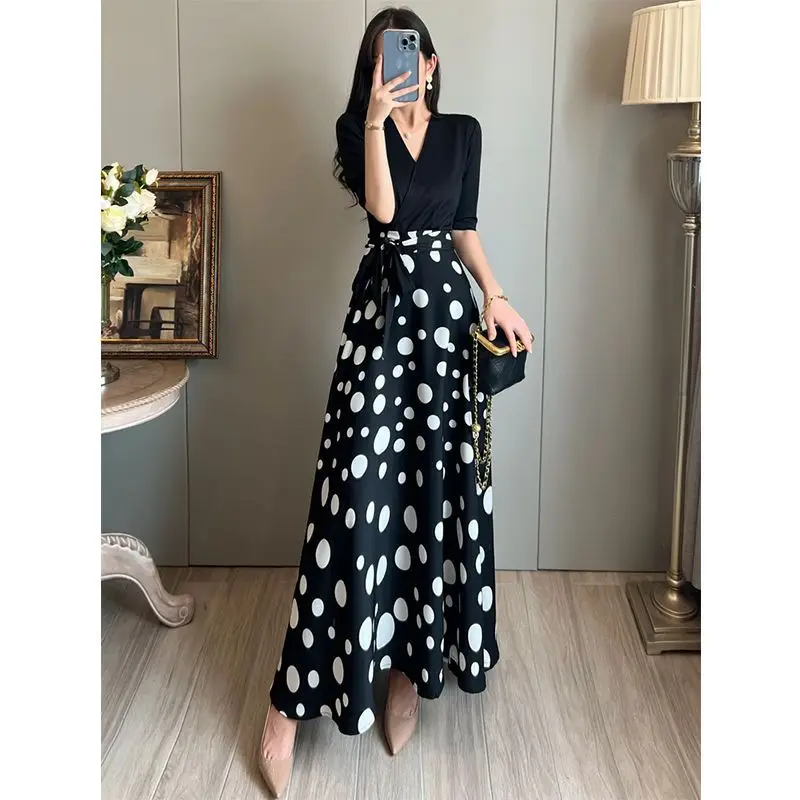 Fashion Printed Spliced Bandage Polka Dot Long Dress Women\'s Clothing 2024 Spring Summer New Loose Office Lady Vintage Dress