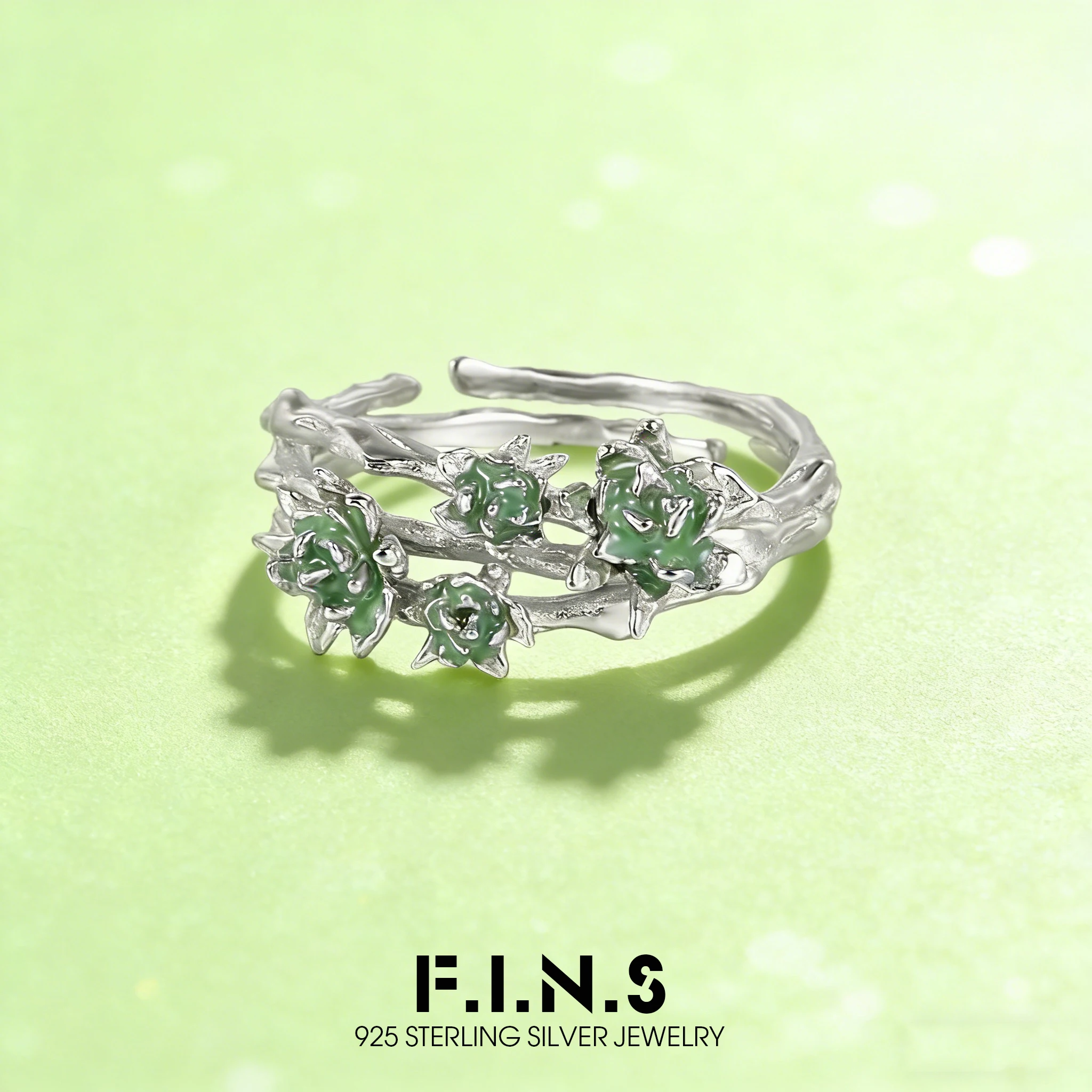 

F.I.N.S Original Jasmine S925 Sterling Silver Rings Temperament Layered Hollow Green Flower Open Adjustable Mid Finger Jewelry