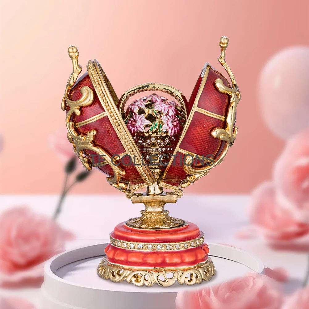 YAFFIL Hand Painted Faberge Egg Jewelry Box With Red Flower Basket Enamel Trinket Box Unique Gift For Family