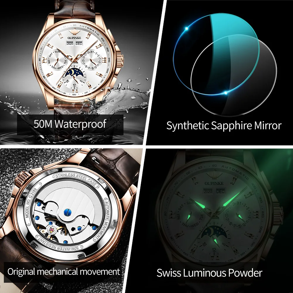 OUPINKE 3189 Moon Phase Mechanical Dress Watch For Men Synthetic Sapphire Mirror Waterproof Wristwatch Date Original Man Watches