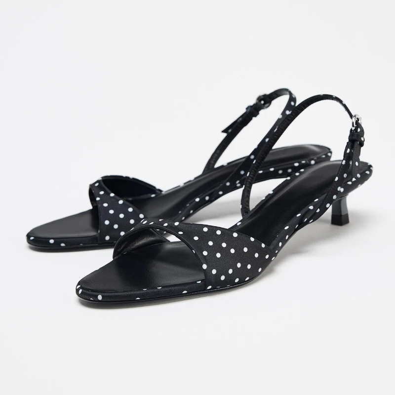

Fashion Polka Dot Kitten Heel Design Sandals Women High Quality Satin Back Strap Buckle Heels Sandal Comfort Elegant Dress Shoes