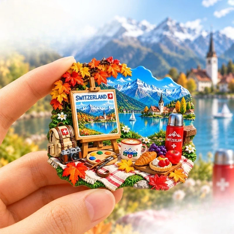 Switzerland Autumn Easel Fridge Magnet - Scenic 3D Alpine Souvenir Unique European Gift for Travel & Art Lovers Decor