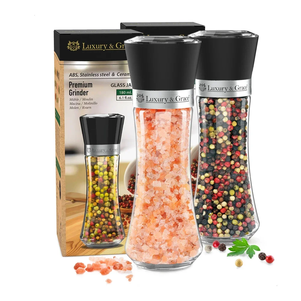 LG Luxury & Grace Molinillo de Vidrio Pack 2 x 180 ml, 19×6,5 cm – Cierre de ABS – Molino de Cerámica Ajustable