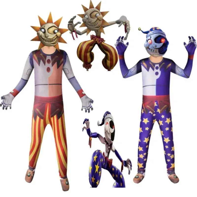 

Fnaf Sundrop Moondrop Cosplay Animal costume Sun Moon Clown Pupbet Cosplay Halloween Birthday Party costume Jumpsuit mask Kidboy
